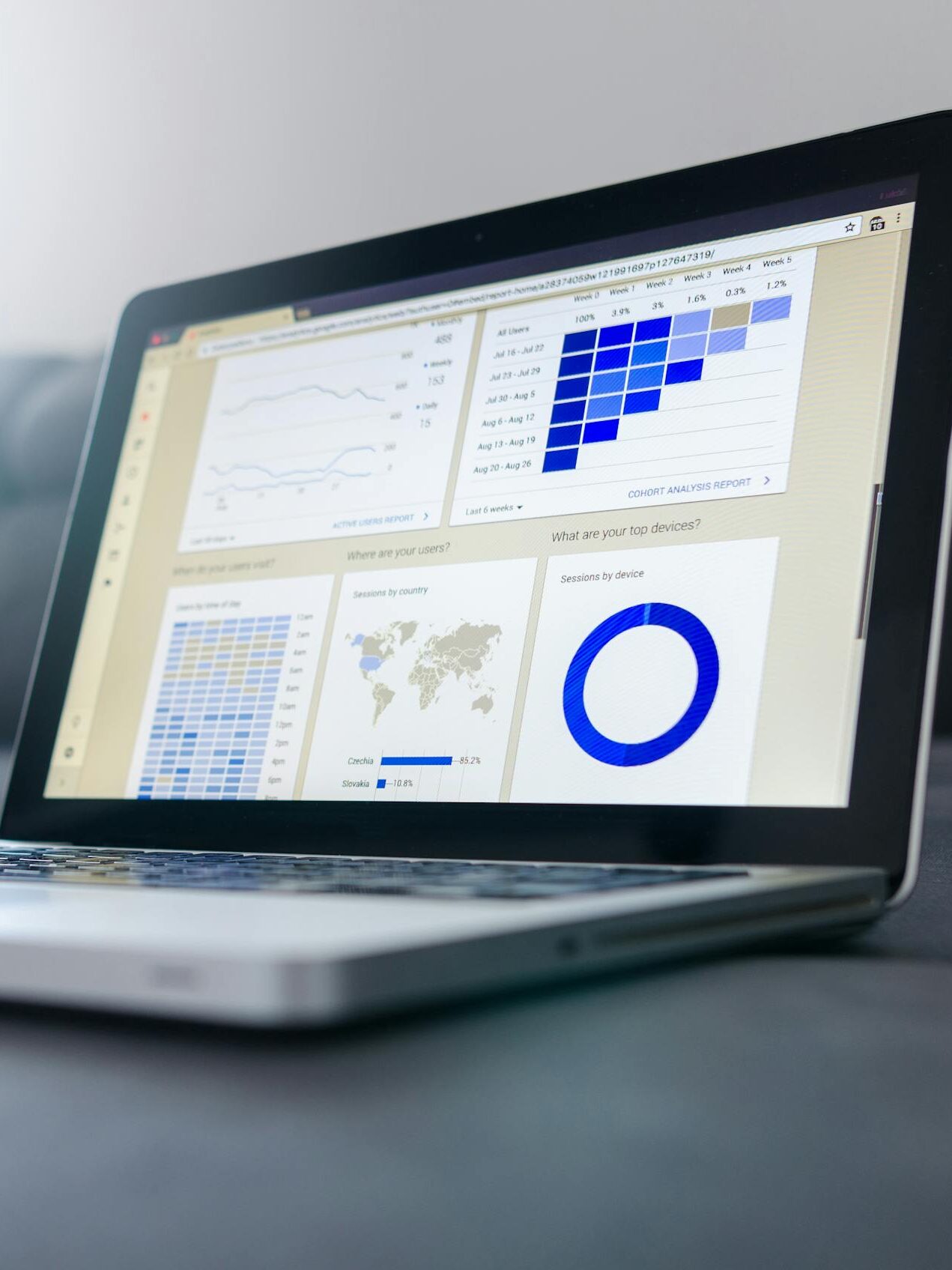 Sleek laptop showcasing data analytics and graphs on the screen in a bright room.